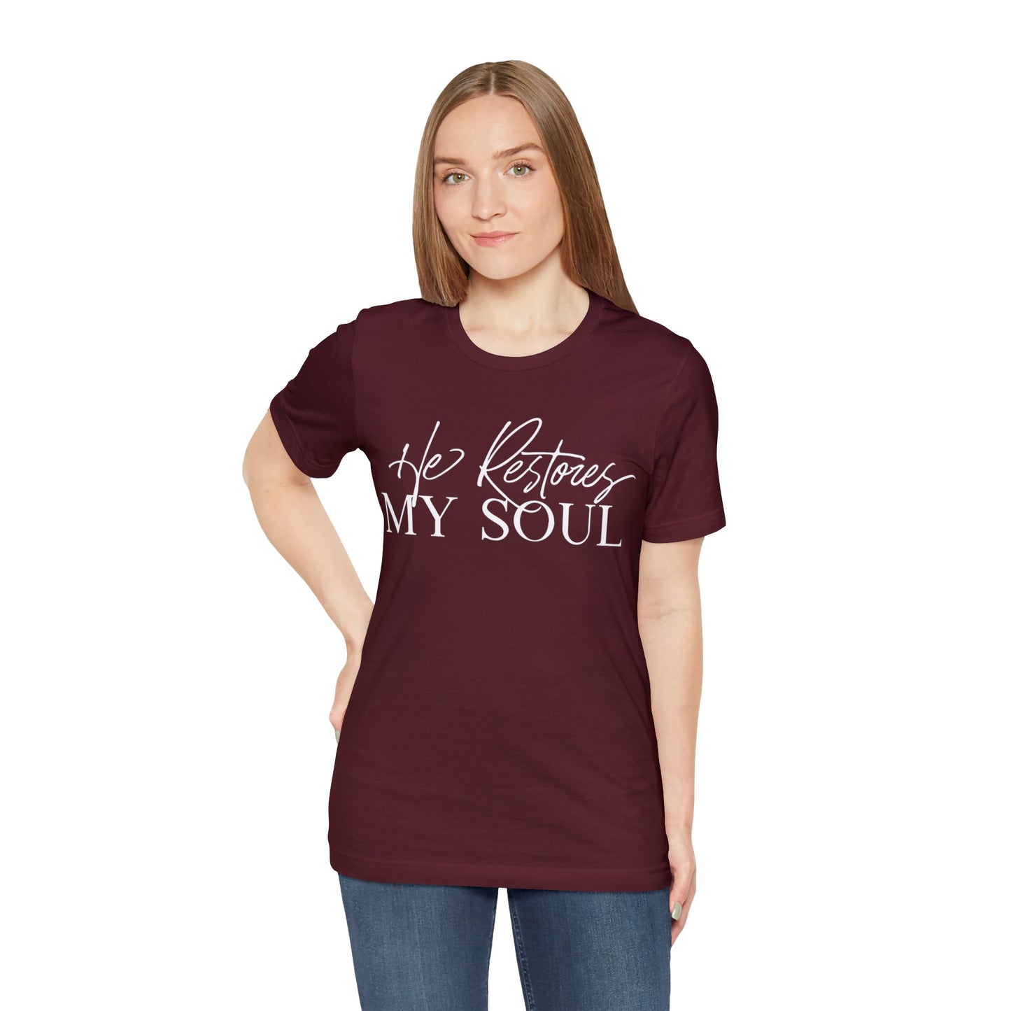 HE RESTORES MY SOUL Unisex Jersey Short Sleeve Tee