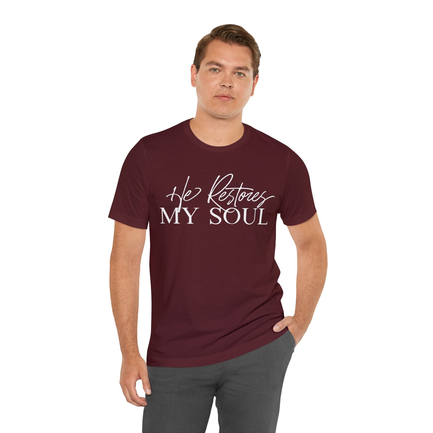 HE RESTORES MY SOUL Unisex Jersey Short Sleeve Tee